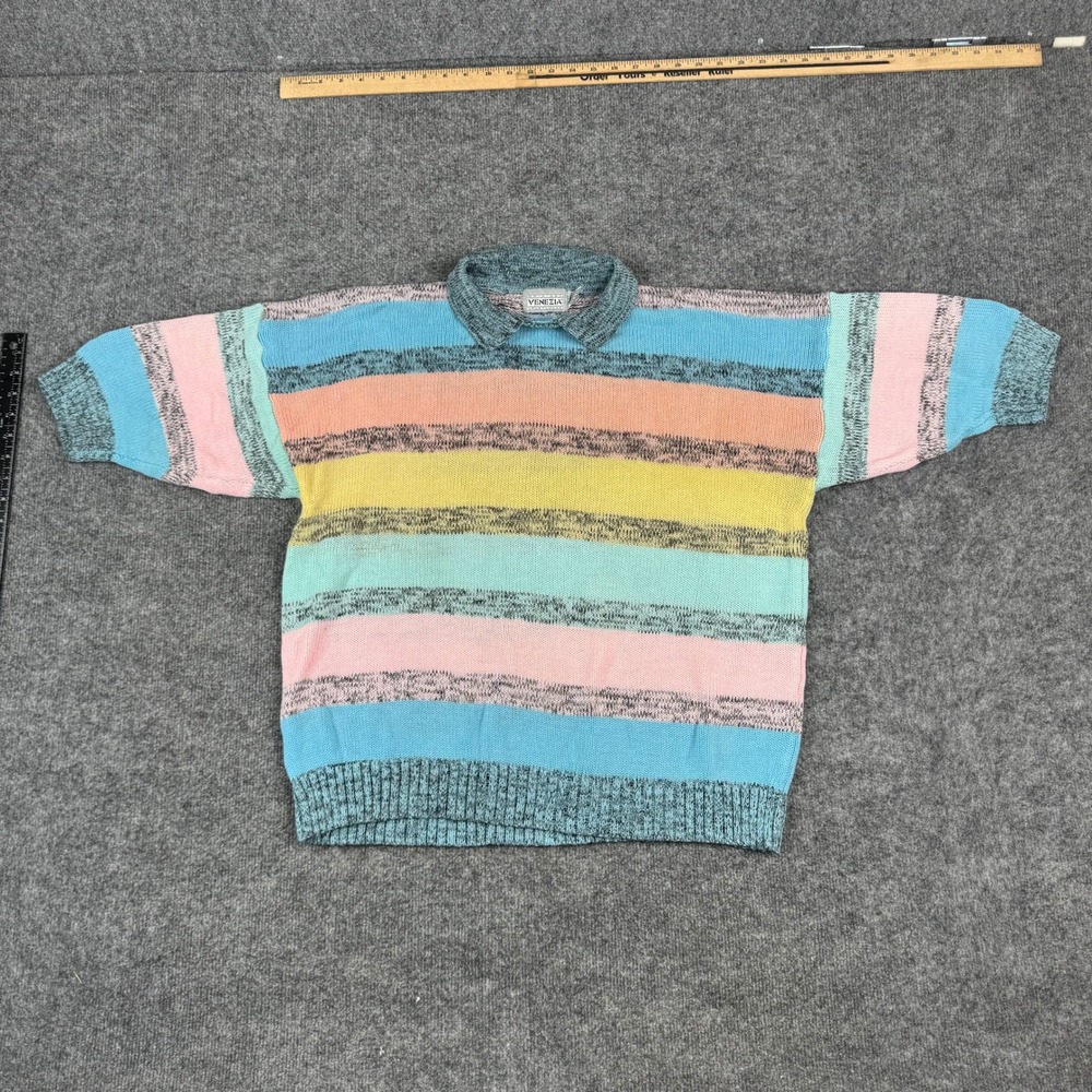Venezia Sweater Polo Womens OS Multi Color Striped Short Sleeve Knit Collared